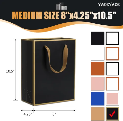 Vista 3 de Bolsas de regalo negras y doradas con asas, 20 unidades de 8 x 4.25 x 10.5 pulgadas Negro dorado