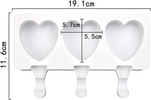 Vista 3 de Molde de barra de silicona para helado, 3 cavidades blancas en forma de corazón, moldes de silicona, moldes para paletas de chocolate, bandeja