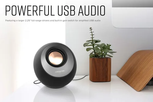 Vista 2 de Creative Pebble V3 Minimalistic 2.0 Altavoces de escritorio USB-C con audio USB, mejora de diálogo claro, Bluetooth 5.0, 8 W RMS con 16 W de Negro