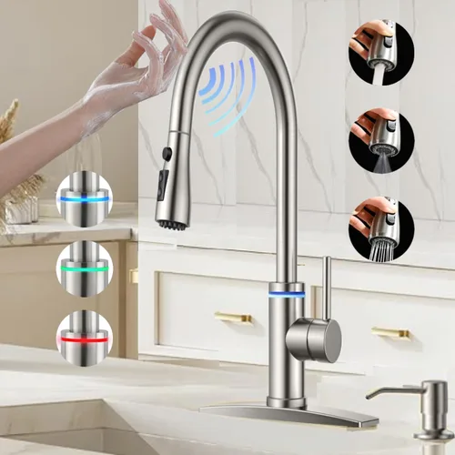 Vista 12 de Grifo de cocina táctil, rociador desplegable de 3 modos, sensor táctil activado, control de temperatura LED, rotación de 360 grados, placa de Negro