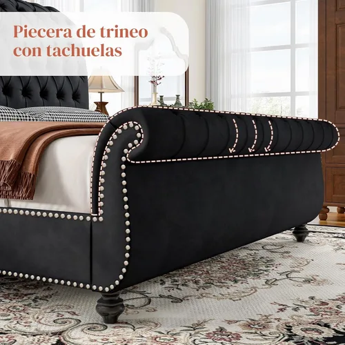 Vista 4 de Jocisland - Base de cama estilo carruaje tamaño Queen, cama de plataforma tapizada en terciopelo con cabecero y pie de cama con estampado de scroll