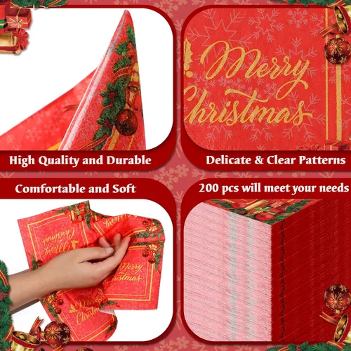 Vista 2 de 200 servilletas de papel de cóctel de Navidad, color rojo y dorado, desechables, servilletas de papel para bebidas navideñas para fiestas de postres
