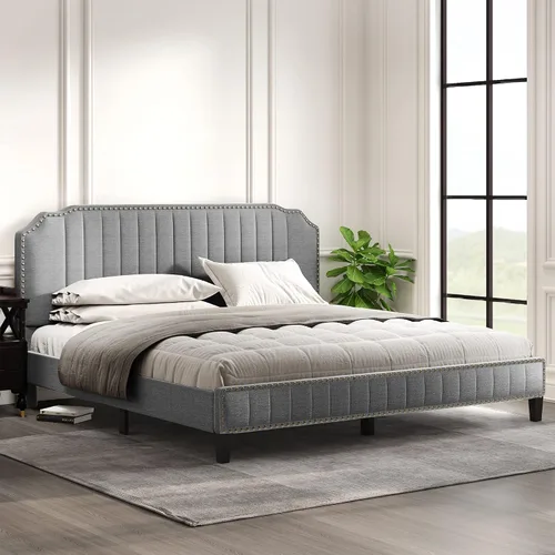 Vista 8 de Base de cama tapizada Queen con cabecero, base de colchón con soporte de listones de madera, cama de plataforma moderna, no necesita somier, fácil
