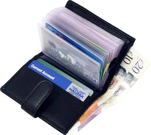 Vista 2 de RAS WALLETS Billetera de cuero para tarjetas de crédito para hombre, 20 bolsillos de plástico transparente, color negro con compartimento