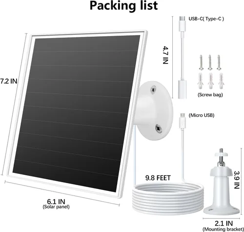 Vista 11 de Panel solar de 6W para cámara de seguridad al aire libre con micro USB y USB-C, cargador de panel solar para cámara de batería, se ajusta a