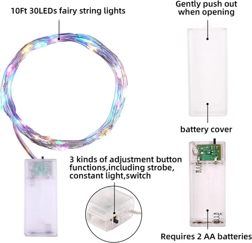 Vista 7 de Mandiq Paquete de 12 luces de hadas que funcionan con pilas, tira de luces de 10 pies, 30 LED, modo de luz intermitente y constante, multicolor