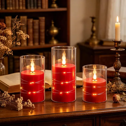 Vista 2 de Da by Paquete de 3 velas cónicas de acrílico transparente rojo sin llama, velas LED parpadeantes de mecha negra con cadena de luces de hadas, velas