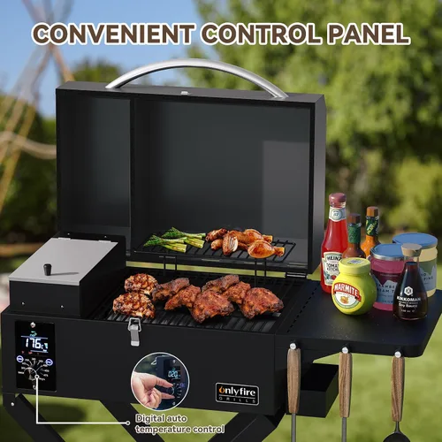 Vista 5 de ONLYFIRE GRILLS Parrilla Ahumadora de Pellets de Madera para BBQ con Carrito Plegable, Sonda de Carne, Área de Cocción de 2 Niveles, Estufa de Negro