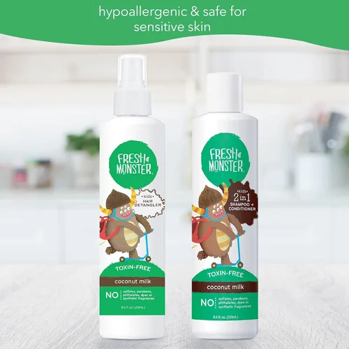 Vista 7 de Fresh Monster Spray desenredante para el cabello, champú y acondicionador 2 en 1, coco, sin toxinas, hipoalergénico y natural (8.5 onzas cada uno)