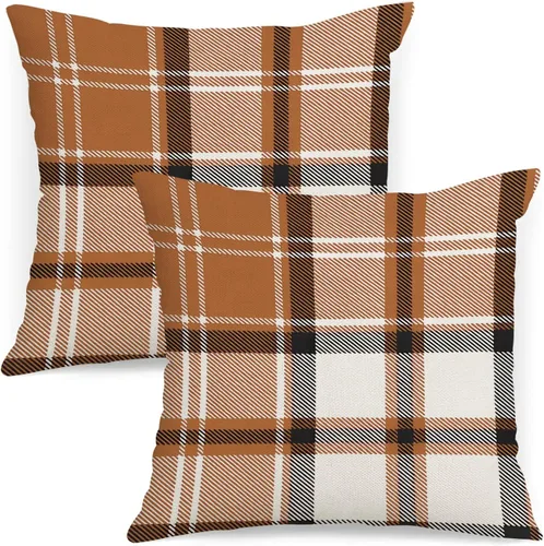 Vista 11 de AOFANGGO - Juego de 2 fundas de almohada de otoño decorativas de 16x16 pulgadas. Fundas de almohada de cuadros naranja y gris, cojines de lino