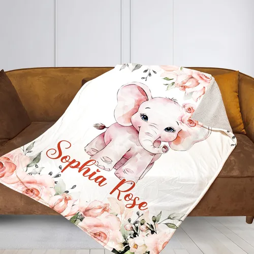 Vista 4 de NAZENTI Manta de bebé de elefante personalizada, manta de bebé niña personalizada con nombre y floral, regalo para niñas y niños, recién nacidos
