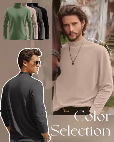 Vista 4 de Paquete de 4 Camisas de Cuello Alto Simulado para Hombre, Suéter Pullover Térmico de Manga Larga, Camiseta Interior Casual de Ajuste Holgado