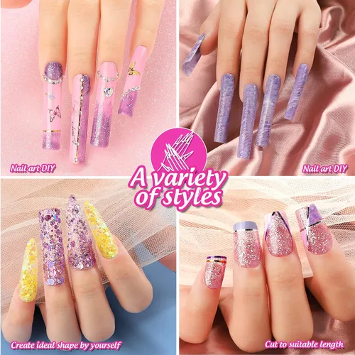 Vista 12 de Puntas de uñas postizas cuadradas extralargas de ABS, kit de 240 piezas con curva C, pegamento de uñas, lima para salón de belleza, hogar y bricolaje