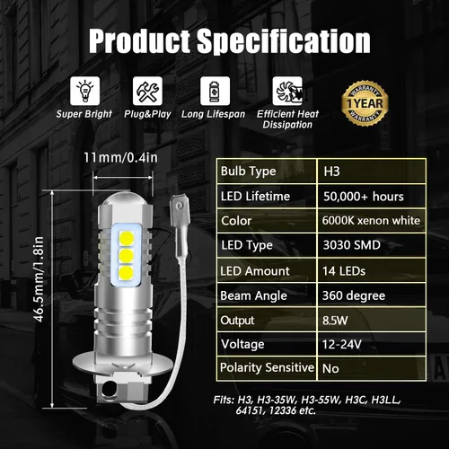 Vista 6 de Bombillas LED antiniebla H3 de 6000 K, xenón blanco, extremadamente brillantes, 3030 chips H3, bombillas LED con proyector para luces antiniebla