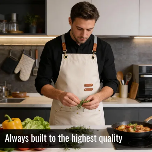 Vista 5 de Aoomzoon Delantal de cocina duradero, delantales de chef multifuncionales para mujeres y hombres con bolsillos para cocinar, hornear y uso diario