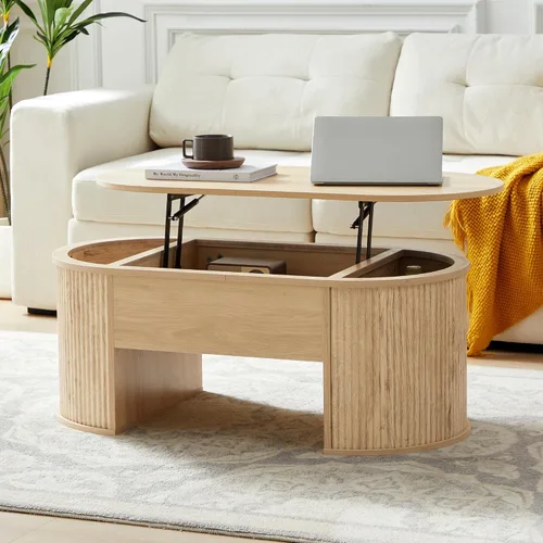 Vista 11 de Mesa de Centro Pequeña con Tapa Elevable, Mesa de Centro Rectangular de Madera con Tapa Elevable y Compartimento de Almacenamiento Oculto, Mesas