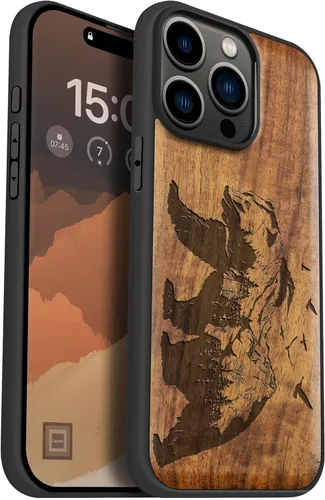 Vista 9 de Carveit Funda de madera para iPhone 15 Pro Max, calendario azteca, cereza