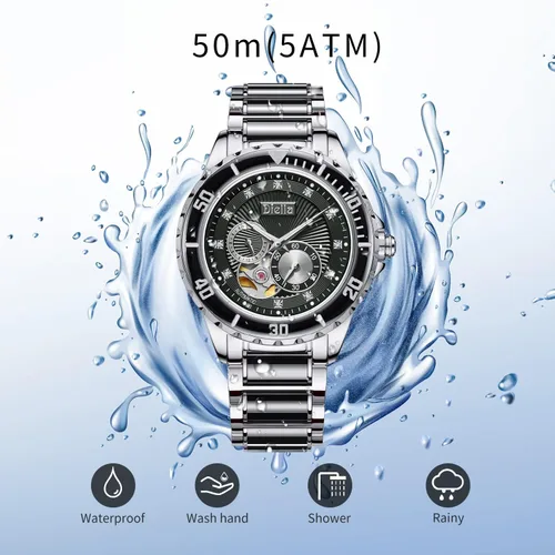 Vista 7 de Diella Men's Automatic Mechanical Wrist Watches, Luxury Skeleton Watches for Men with Black Green Jade & Steel Strap