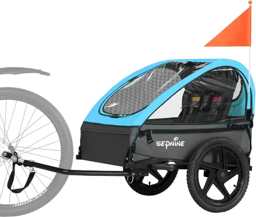 Vista 7 de Sepnine Remolque de bicicleta para niños, adecuado para 1 a 2 niños, 12 meses en adelante, fijación rápida a la bicicleta, plegable, con arnés de 5
