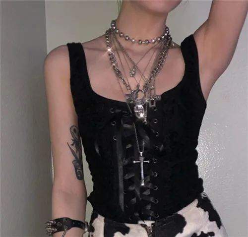 Vista 24 de Camisetas sin mangas góticas para mujer, camisola gótica Y2k