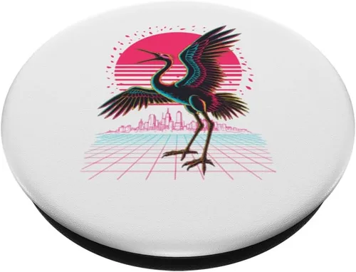 Vista 2 de Retro Synthwave Kaiju Monster Whooping Crane City Cranes PopSockets Adhesive PopGrip
