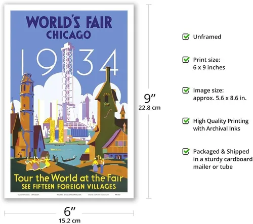Vista 2 de 1934 World's Fair Chicago - Tour the World at the Fair - Vintage Travel Poster by Weimer Pursell c.1934 - Master Art Print (Unframed) 6in x 9in