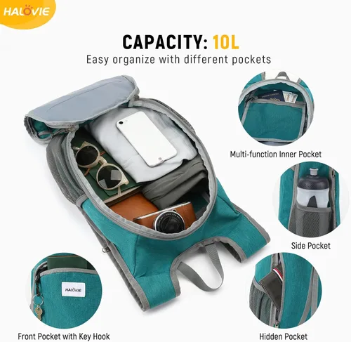 Vista 3 de HALOVIE Mochila pequeña de senderismo 10L, mochila ligera plegable y de día, mochila de viaje plegable para mujeres y hombres (Cian)