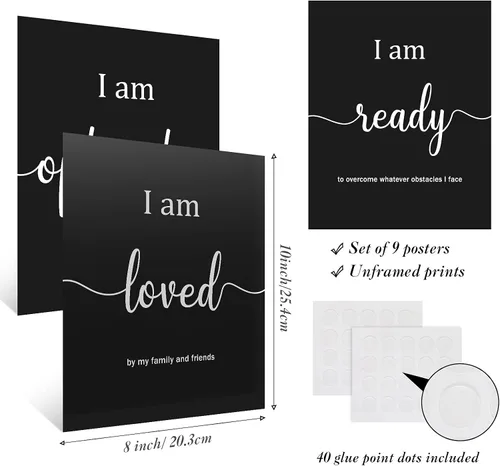 Vista 2 de Outus 9 Piezas Arte de Pared Inspirador Motivacional para Oficina y Dormitorio, Afirmaciones Diarias Positivas para Hombres, Mujeres y Niños, Negro