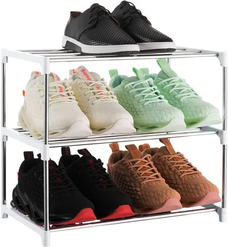 Vista 13 de Estante de zapatos pequeño apilable de 3 niveles, organizador de almacenamiento ligero para entrada, pasillo y armario (negro)