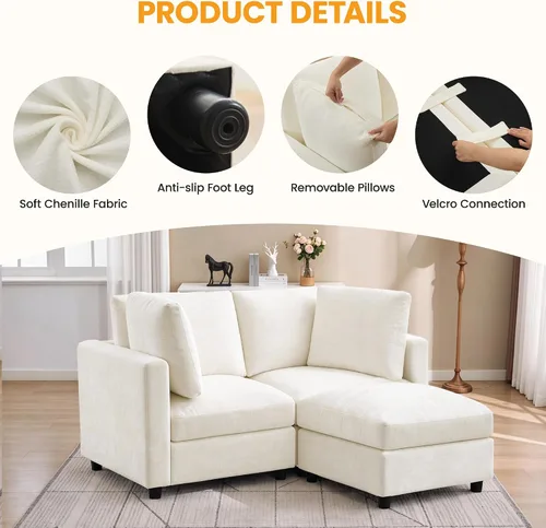 Vista 5 de 63" sofá seccional modular de Loveseat con otomana movible para sala de Beige
