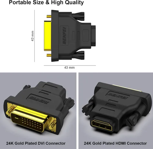 Vista 6 de BENFEI Adaptador DVI a HDMI, DVI-D bidireccional a HDMI macho a hembra con cable chapado en oro, paquete de 2