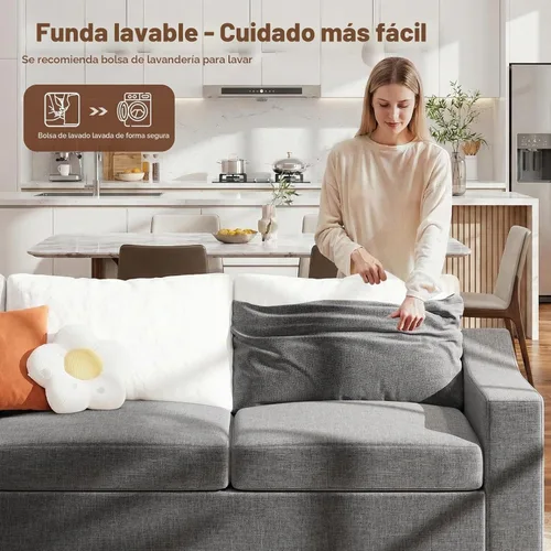 Vista 4 de ELUCHANG Sofá moderno de gran tamaño de 85 pulgadas para sala de estar, sofá de 3 plazas de lino natural con asientos extra profundos, cojín de sofá