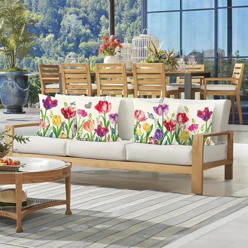 Vista 2 de Bonhause Juego de 4 fundas decorativas para cojín de 18 x 18 pulgadas con diseño de tulipanes y flores de jardín para exteriores, para patio, sofá
