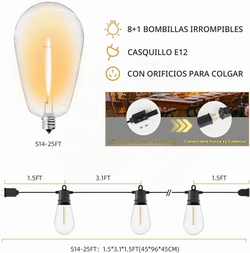 Vista 5 de Luces de Cadena para Exteriores 50 pies IP65 Impermeables Luces de Patio con 15 + 2 Bombillas LED Irrompibles Grado Comercial Luces de Cadena LED