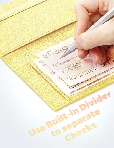 Vista 95 de Yarnic Funda para chequera personal, soporte para chequera con soporte para bolígrafo y divisor de plástico transparente integrado para cheques Rosa