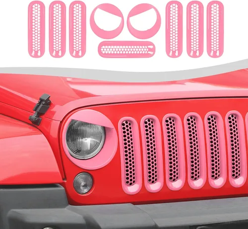 Vista 11 de Mesh Grille Grill Insert+ Headlight Turn Light Cover Trim Fit for 2007-2018 Jeep Wrangler JK JKU Style A(Red)