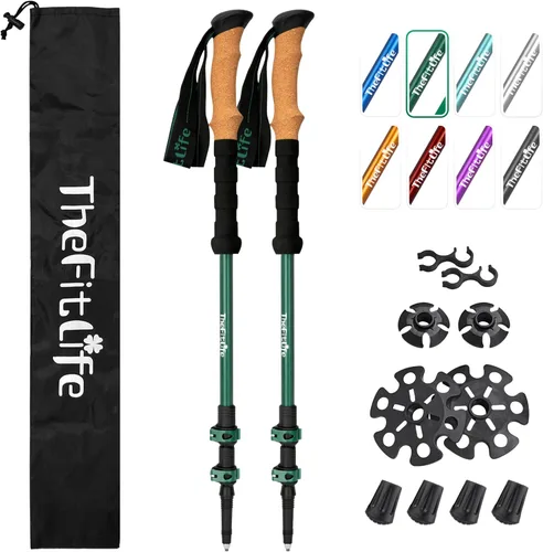Vista 13 de TheFitLife Bastones de senderismo para senderismo y caminar, aluminio ligero 7075 con bloqueo de metal y agarre de corcho natural, bastones
