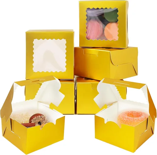 Vista 14 de Bakepacker 60 cajas de papel kraft para panadería con ventana de 6 x 6 x 3 pulgadas de grosor y resistentes cajas de pastelería de macarrones