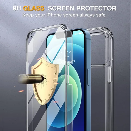 Vista 4 de Miracase Funda de Vidrio para iPhone 12/12 Pro de 6.1 pulgadas, Funda Protectora Bumper Resistente de Cuerpo Completo Mejorada con Protector
