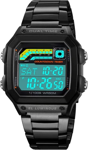 Vista 10 de PASOY Reloj de pulsera digital multifunción para hombre, con hora doble, alarma, cronómetro, cuenta regresiva, retroiluminación, resistente al agua