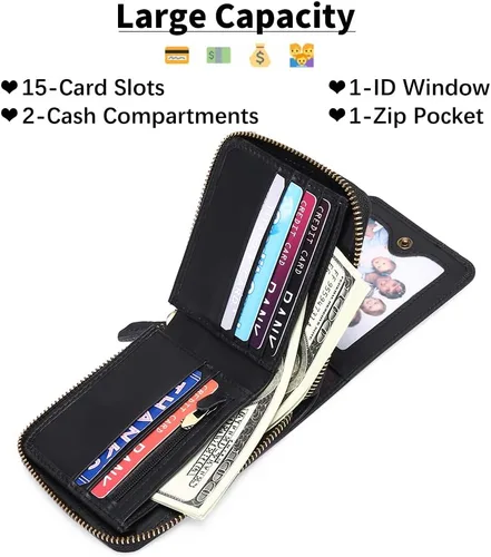 Vista 2 de Carteras GOIACII para hombres de cuero genuino con bolsillo frontal RFID con cierre de cremallera Bifold con tarjetero RFID, Zip Around, Bifold