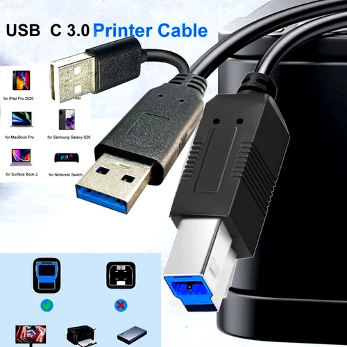 Vista 4 de Cable largo USB 3.0 para impresora B de 25 pies, USB-A macho a USB-B 3.0 macho cable ascendente compatible con estación de acoplamiento, discos