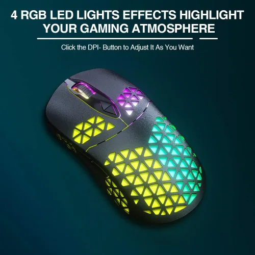 Vista 4 de WolfLawS Mouse inalámbrico para juegos KM-3 mouse USB recargable con carcasa de panal 7 botones programados 4 DPI ajustables BT50BT3024GHz mouse