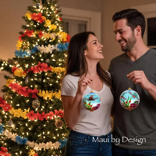 Vista 8 de Adorables tortugas marinas celebran la Navidad pintado a mano ornamento hawaiano