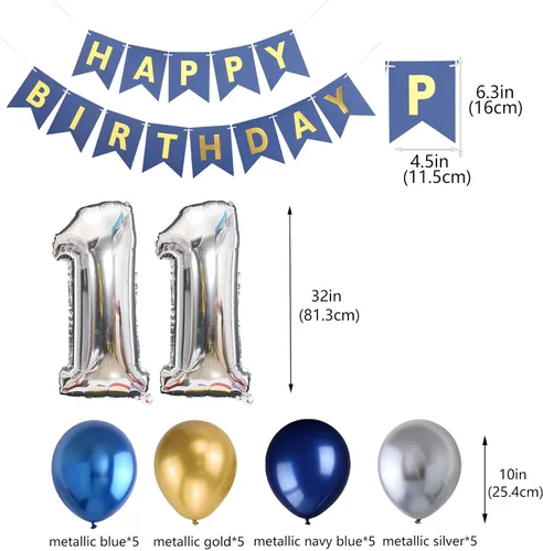 Vista 3 de Decoración de fiesta de cumpleaños número 11 para niños, pancarta de feliz cumpleaños, globos azules del número 11, globos metálicos plateados