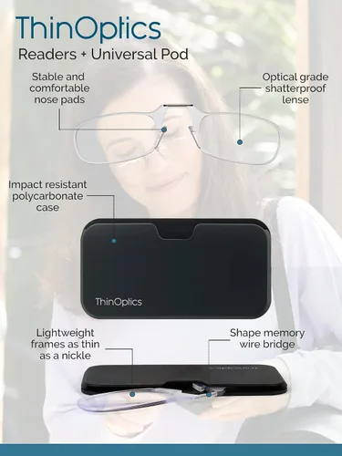 Vista 4 de ThinOptics Universal Pod - Lentes de lectura rectangulares con funda para teléfono