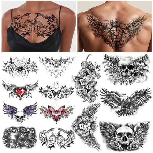 Vista 9 de 77 hojas de tatuajes temporales realistas en 3D para adultos y niños, calavera de araña, tigre, león, dragón, serpiente, tatuajes temporales