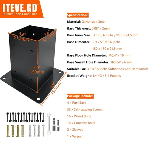 Vista 7 de Base de anclaje para poste de madera, base de poste de valla de madera de hormigón para madera de 4 x 4 pulgadas (real:3.5 x 3.5 pulgadas), soporte