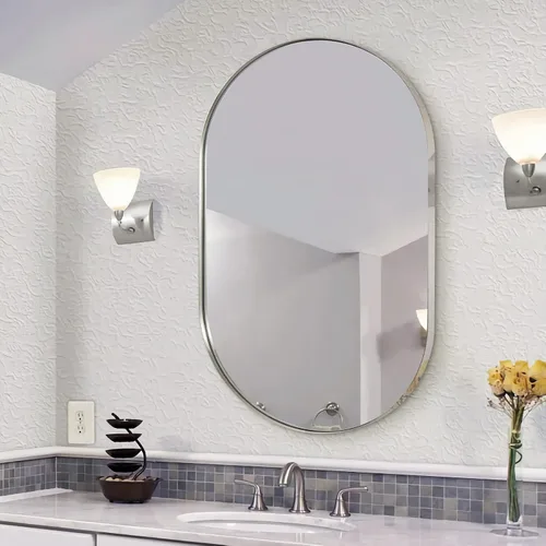 Vista 28 de ANDY STAR Espejo ovalado de 24x32 pulgadas, espejo ovalado negro de diseño en forma de píldora en marco de metal de acero inoxidable para baño