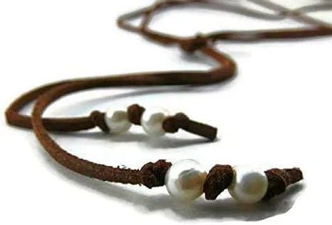 Vista 3 de Leather and Freshwater Pearl Lariat Choker Necklace